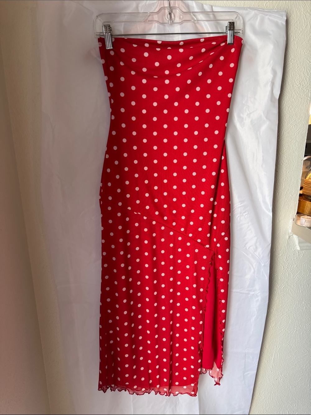 Urban Outfitters Red and White Polka Dot Strapless Midi Dress